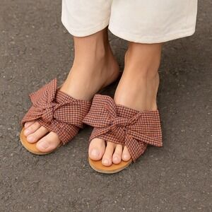 Brother Vellies Burkina Sandals Womens 7 Slides Orange Blue‎ Houndstooth Bow